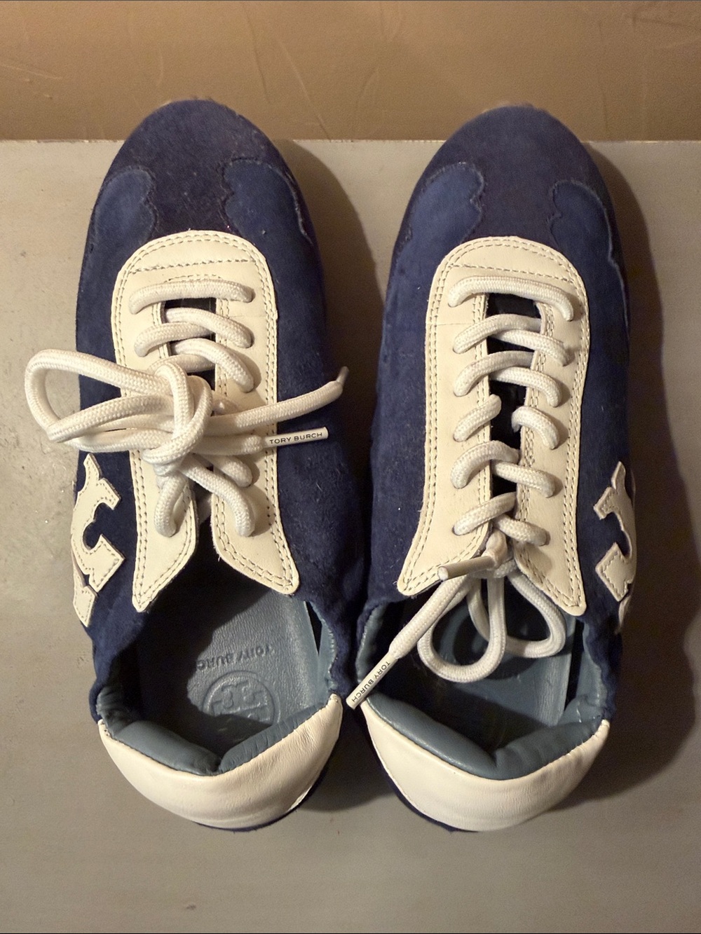 Brand New Tory Burch Navy and White Suede Logo Sneakers - Picture 3 of 6